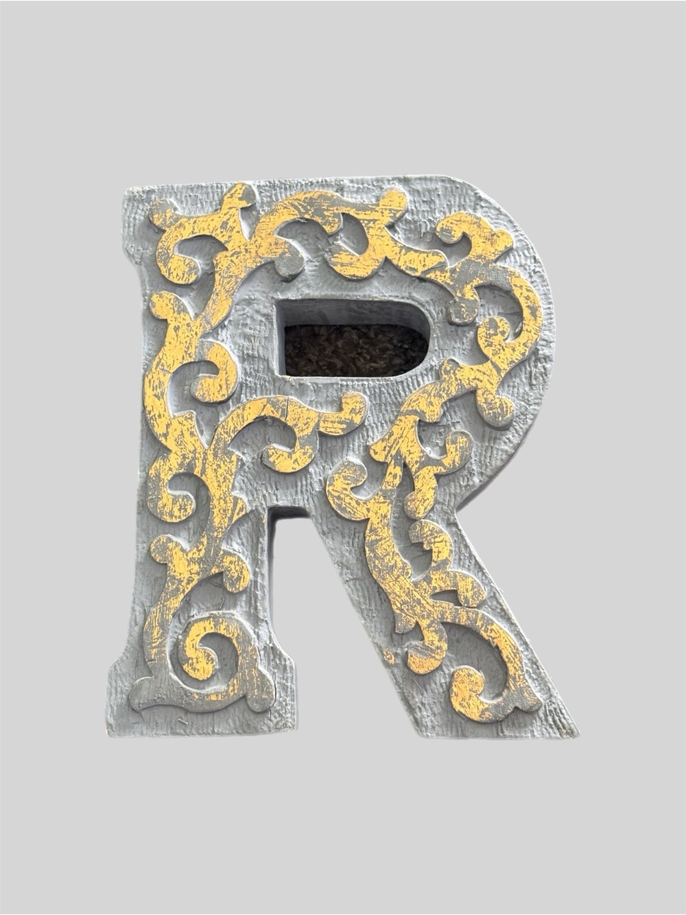 BBH Homes Carved Wood Letter R Decor Distressed Gold Foil Monogram Wall Art EUC